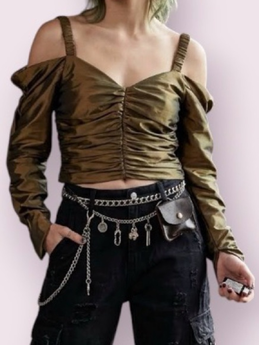 Topshop Bronze Satin Ruched Crop Top Long Sleeve Cold Shoulder Size 4